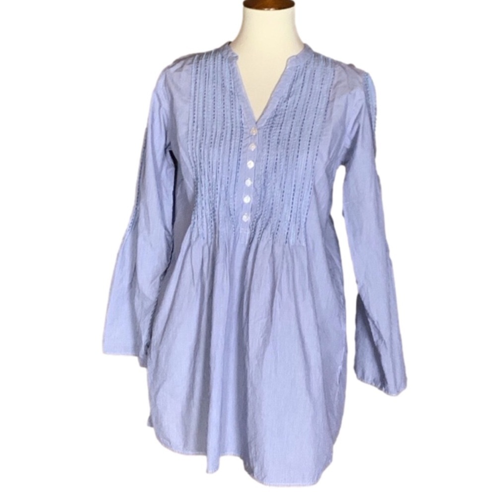 Roller Rabbit blue and white pinstripe tunic with pleats and beading Medium